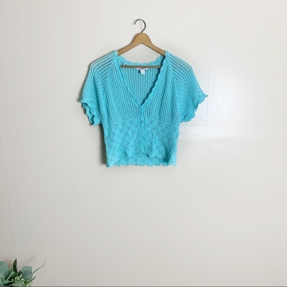 [Dress Barn] Blue Knit Short Sleeve V-neck Semi Cropped Cottagecore Sweater - Picture 1 of 9